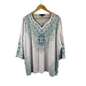 N Touch Womens 2X White & Teal Paisley Print Top